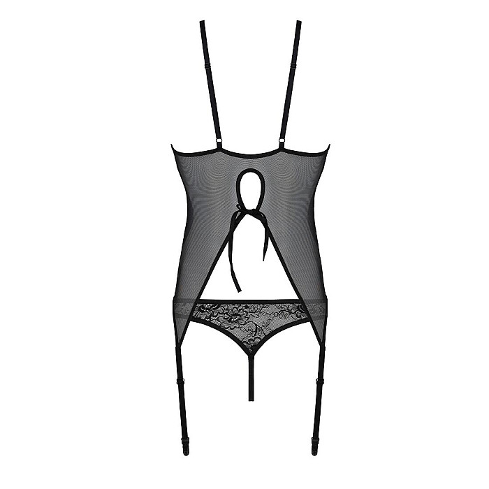 Корсет с пажами, трусики с ажурным декором и открытым шагом Passion URSULA CORSET XXL/XXXL, black