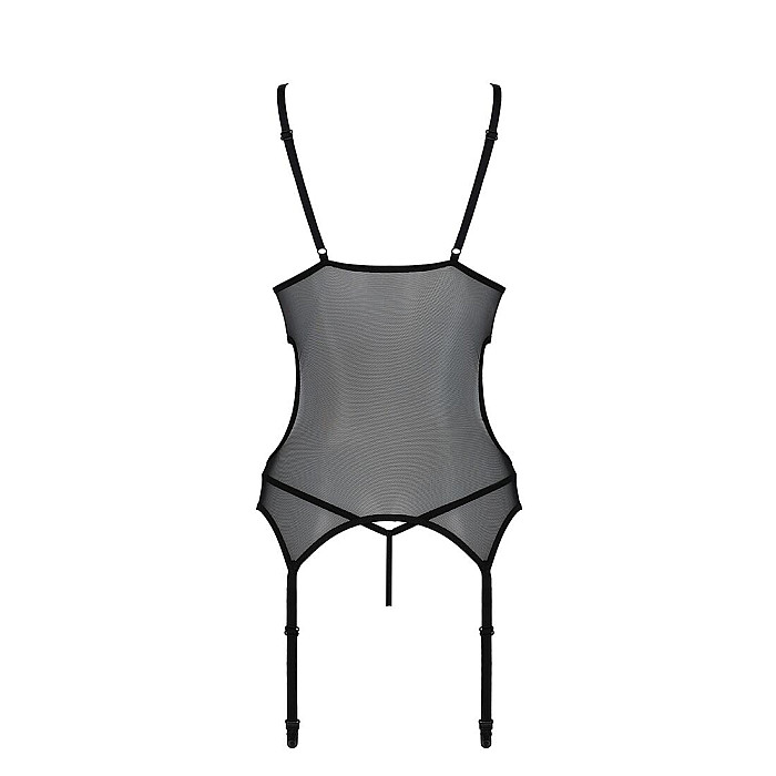 Корсет с подвязками и ажурным лифом Passion CHRISTA CORSET XXL/XXXL, black, стринги в комплекте