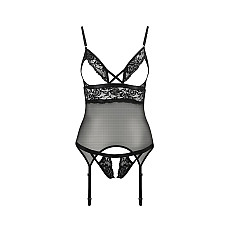 Корсет с открытой грудью Passion DIABOLINA CORSET L/XL, black, пажи, трусики, полупрозрачный