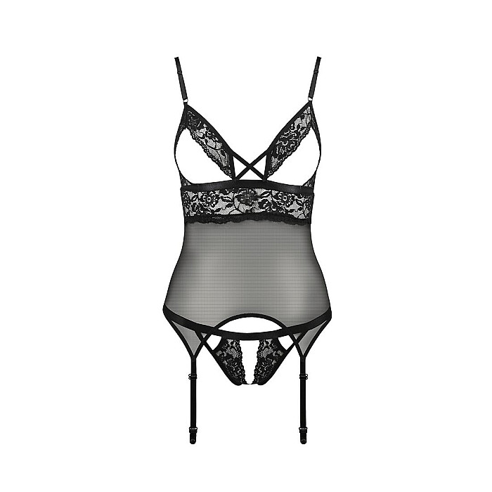 Корсет с открытой грудью Passion DIABOLINA CORSET L/XL, black, пажи, трусики, полупрозрачный