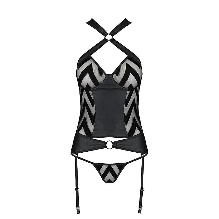 Сітчастий комплект із візерунком, корсет, підв'язки, трусики Passion HIMA CORSET XXL/XXXL black