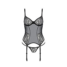 Корсет Passion LEAFA CORSET black L/XL, мягкие чашки, зажимы для чулок, стринги в комплекте