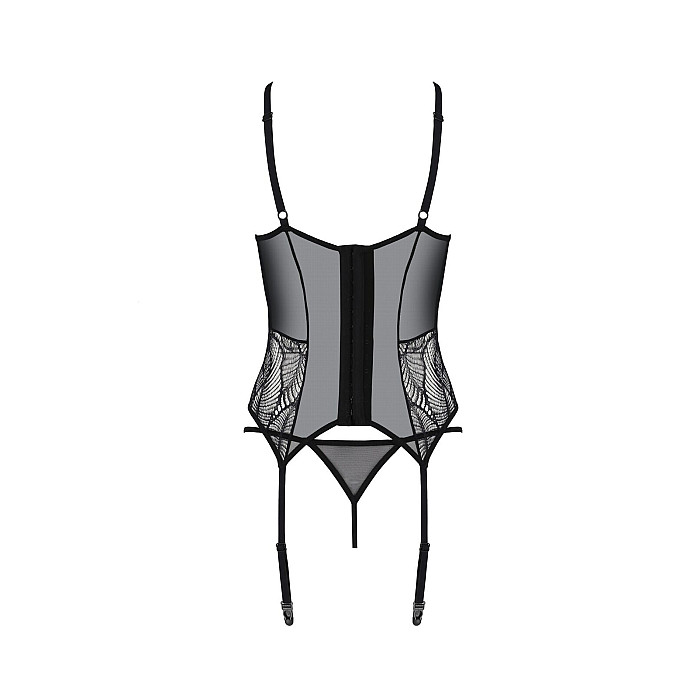 Корсет Passion LEAFA CORSET black L/XL, мягкие чашки, зажимы для чулок, стринги в комплекте