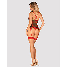 Корсет Obsessive Jollymore corset, XL/2XL, в клетку, с кружевом, пажи для чулок, стринги в комплекте