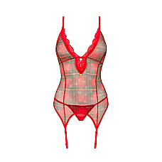 Корсет Obsessive Jollymore corset, XL/2XL, в клетку, с кружевом, пажи для чулок, стринги в комплекте
