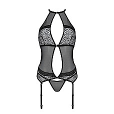 Корсет с пажами Passion SATARA CORSET XXL/XXXL black, стринги, кружево, застежки спереди и сзади