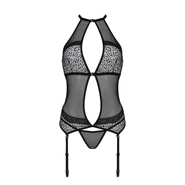 Корсет с пажами Passion SATARA CORSET XXL/XXXL black, стринги, кружево, застежки спереди и сзади