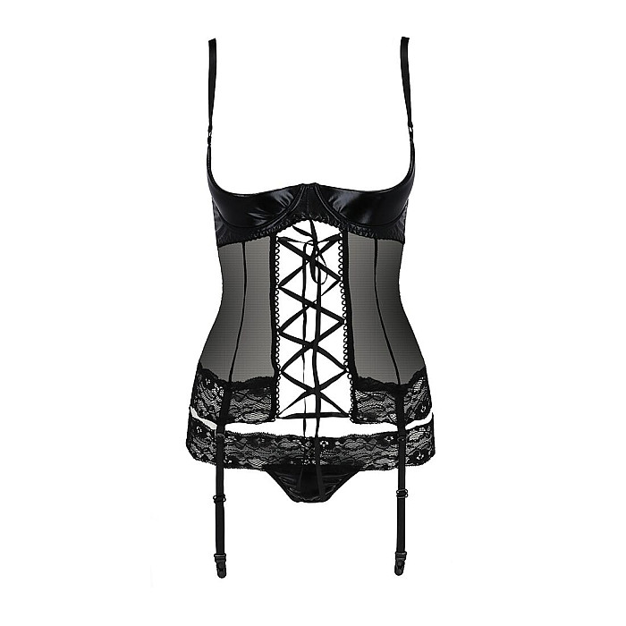 Корсет з відкритими грудьми Passion Exclusive NORTH CORSET XXL/XXXL, black, пажі, трусики, шнурівка