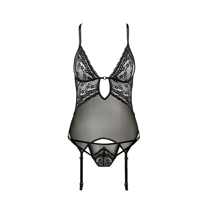 Корсет с декольте Passion ERZA CORSET L/XL, black, пажи, трусики, полупрозрачный