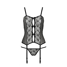 Корсет с пажами GRACIA CORSET black L/XL Passion, трусики, полупрозрачный