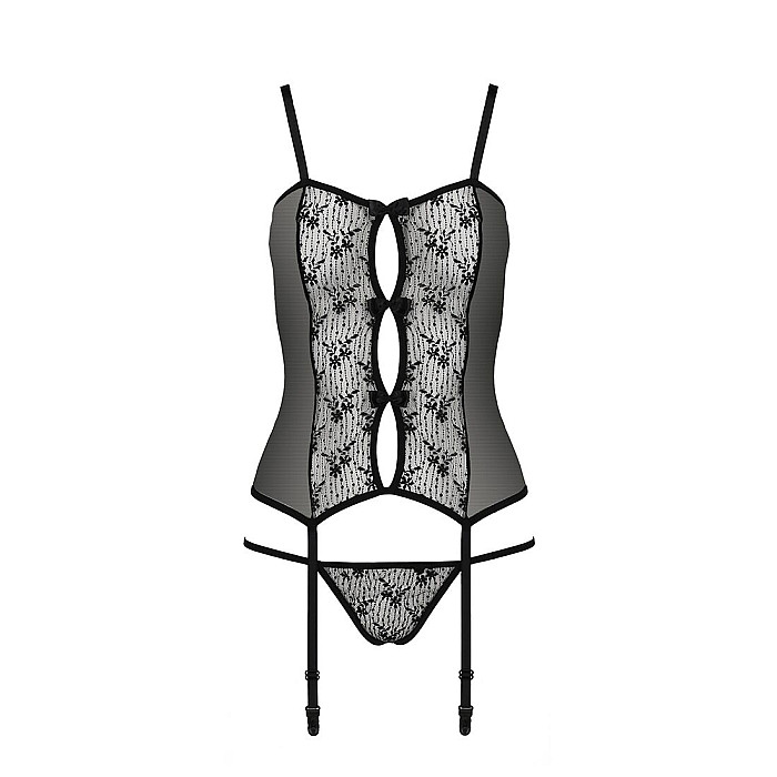 Корсет з пажами GRACIA CORSET black L/XL Passion, трусики, напівпрозорий