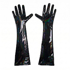Глянцевые виниловые перчатки Art of Sex - Lora, размер S, цвет черный с эффектом голограммы