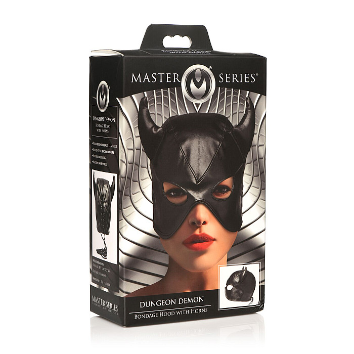 Маска с рогами Master Series: Dungeon Demon Bondage Mask with Horns, черная
