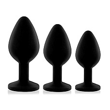Набор силиконовых анальных пробок с кристаллом Rianne S: Booty Plug Set Black, диаметр 3,2см, 3,5см, 4,2см