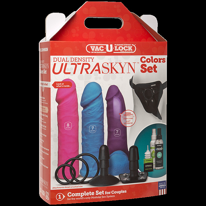Набір для страпону Doc Johnson Vac-U-Lock Dual Density UltraSKYN Colors Set, діаметр 3х4,5 см