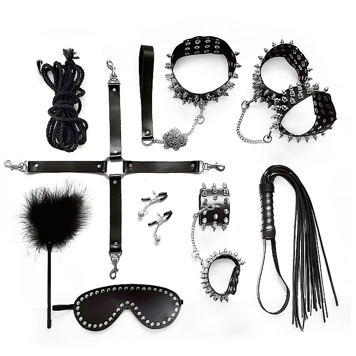 BDSM-набор Art of Sex – Spikes BDSM Set Leather, 10 предметов, черный, натуральная кожа