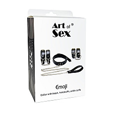 Набір BDSM Art of Sex - Emoji, наручники, поножі, нашийник з повідцем, екошкіра, чорний