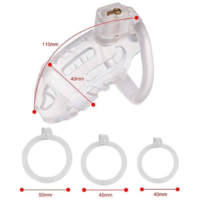 Клетка для пениса LOCKINK SEVANDA Plastic Penis Chastity Cage, прозрачная, 3 кольца разных размеров