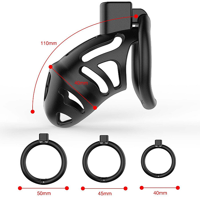 Клетка для пениса LOCKINK SEVANDA Plastic Penis Chastity Cage, черная, 3 кольца разных размеров