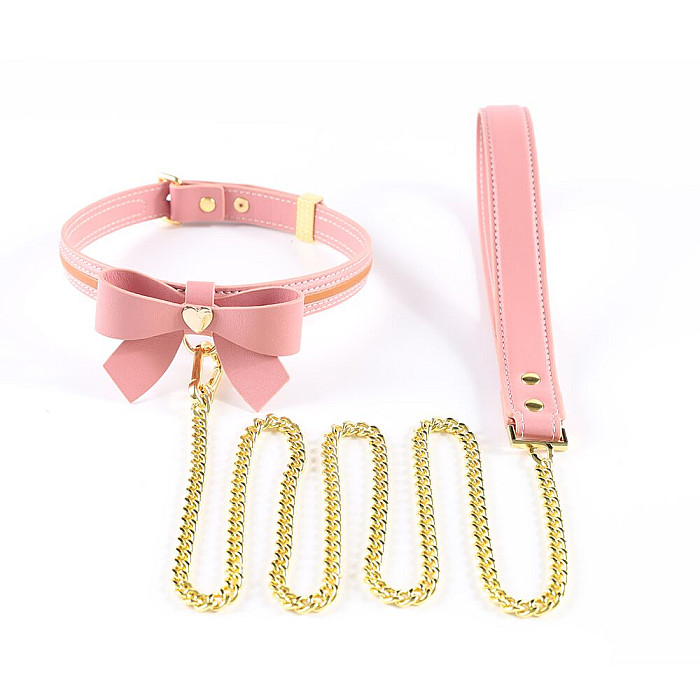 Ошейник с поводком LOCKINK SEVANDA Love Heart Butterfly Leather Collar Set, розовый, с бантом