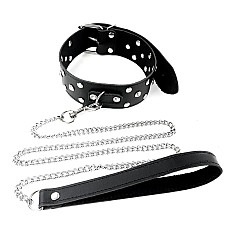 Ошейник с поводком из натуральной кожи с заклепками Art of Sex - Jenna Collar with Leash, черный