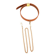 Ошейник с поводком LOCKINK Tied Collar with Leash Set, коричневый, цепь с кожаной петлей и карабином