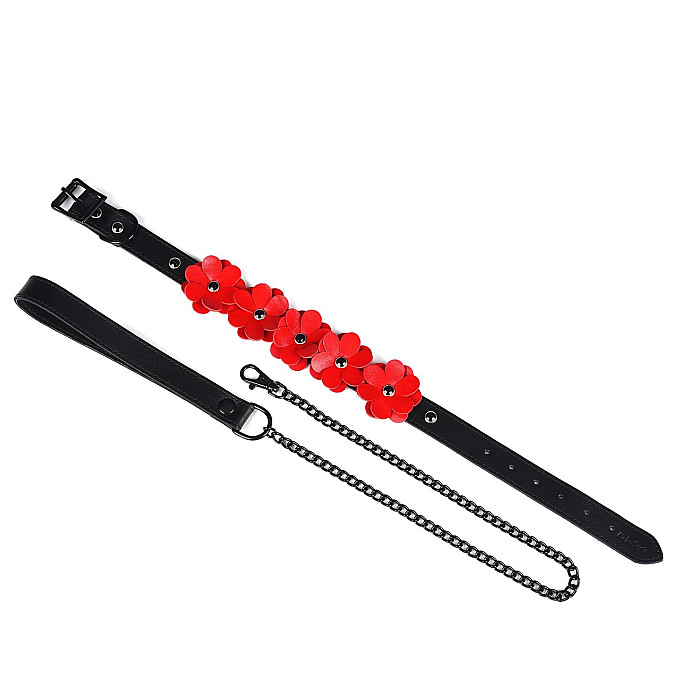 Нашийник з повідцем Liebe Seele Flower Rhythm - Black and Red Leather Flowers collar with Leash