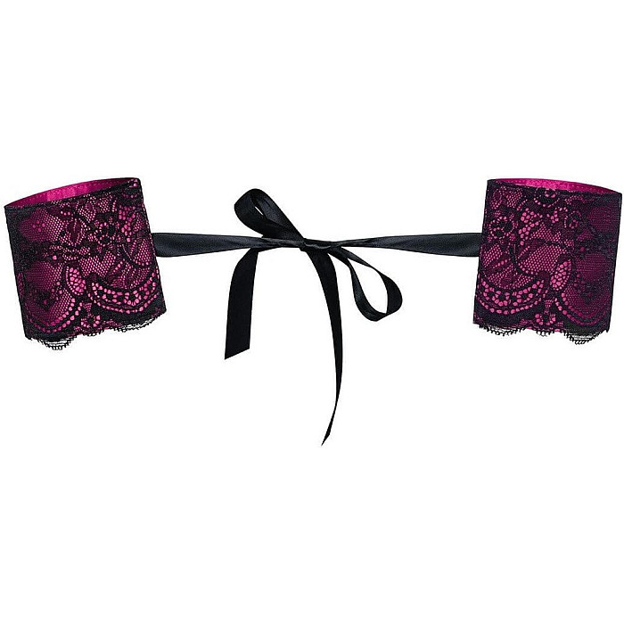 Атласные наручники-манжеты на лентах Obsessive Roseberry cuffs, pink, украшена кружевом