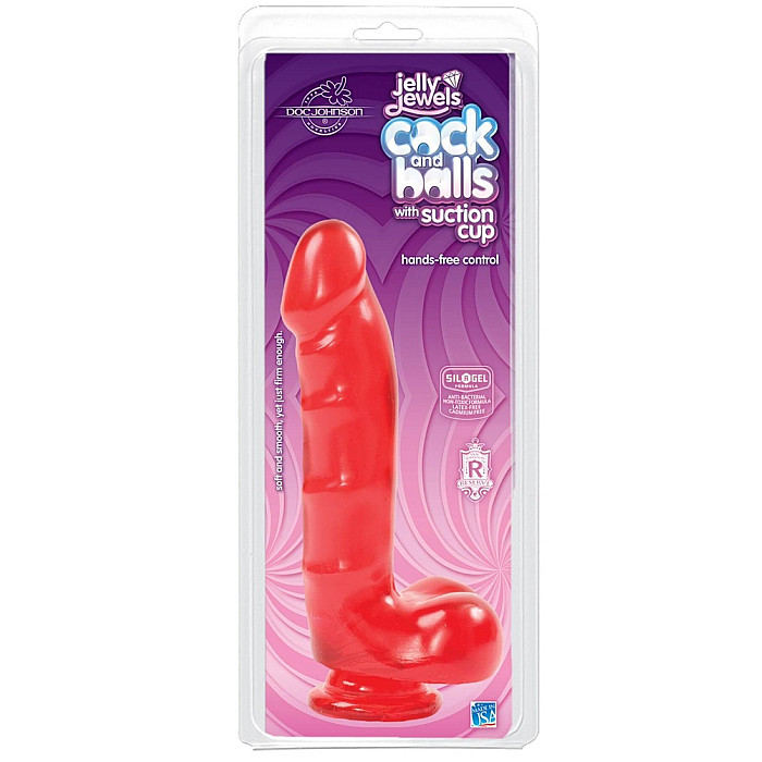 Фаллоимитатор Doc Johnson Jelly Jewels Cock & Balls Red, диаметр 3,6см, антибактериальный ПВХ