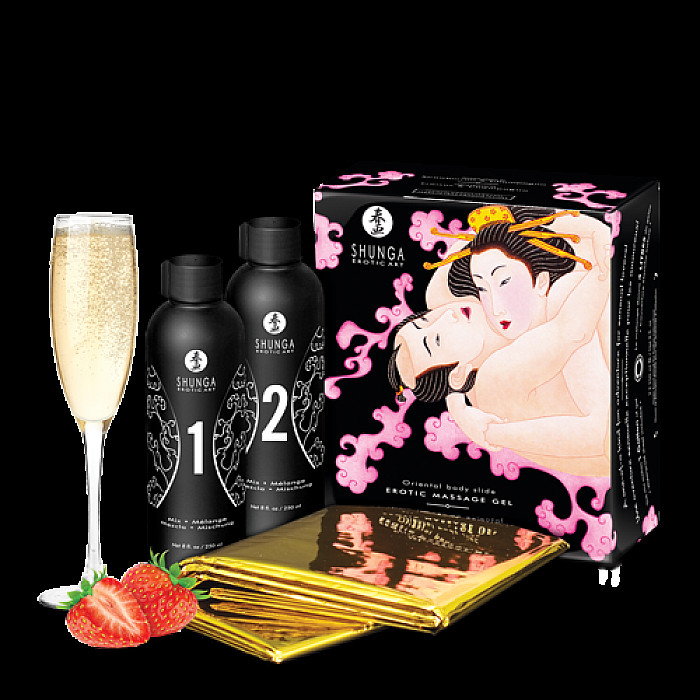 Гель для NURU-массажа Shunga Oriental Body-to-Body – Sparkling Strawberry Wine плюс простыня