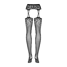 Чулки-стокинги с растительным рисунком Obsessive Garter stockings S206 black S/M/L черные, имитация