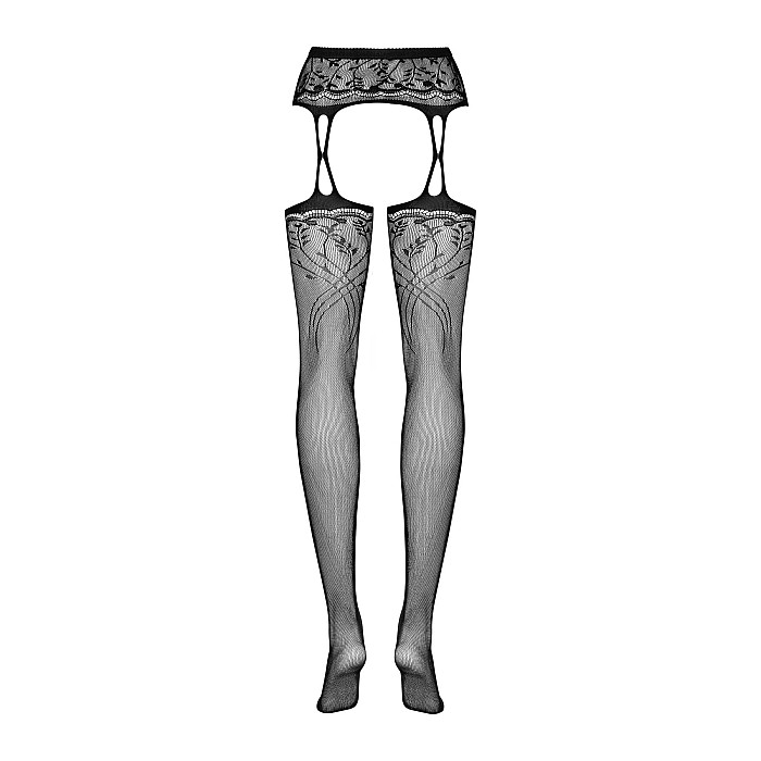 Панчохи-стокінги з рослинним малюнком Obsessive Garter stockings S206 black S/M/L чорні, імітація га