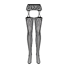 Чулки-стокинги с растительным рисунком Obsessive Garter stockings S206 black S/M/L черные, имитация