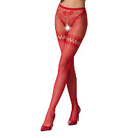 Сетчатые колготки с открытым доступом Passion S015 One Size, Red, имитация чулок и трусиков