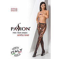 Эротические колготки-бодистокинг Passion S008 black, ажурные колготки с вырезом и лампасами-сеткой