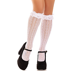 Гольфы ажурные Leg Avenue Sweetheart Ruffle Cuff Knee Highs, белые, рисунок-сердечки