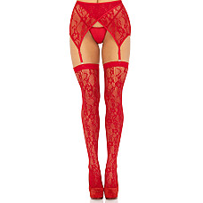 Комплект Leg Avenue Lace thigh highs & garterbelt, One Size, красный, чулки и пояс с пажами