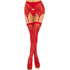 Комплект Leg Avenue Lace thigh highs & garterbelt, One Size, красный, чулки и пояс с пажами