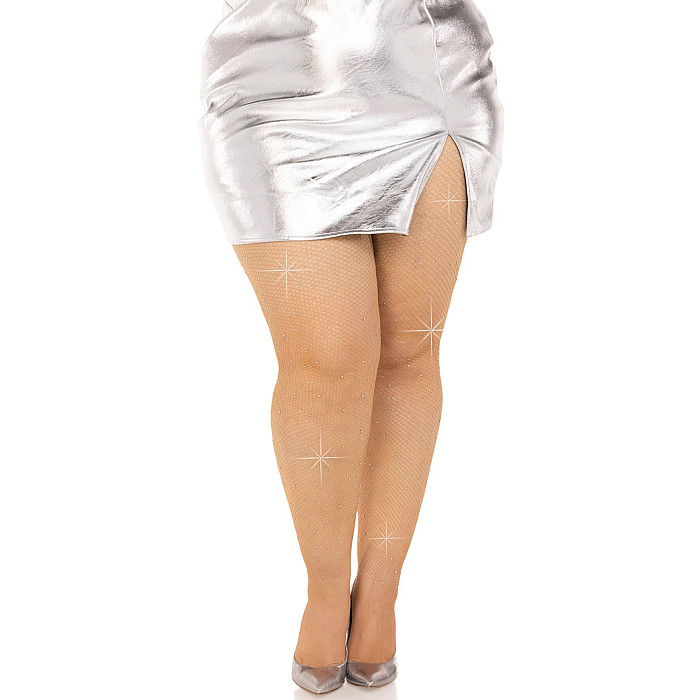Колготки Leg Avenue Rhinestone micro net tights Plus size Caramel, дрібна сітка, стрази