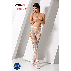 Эротические колготки-бодистокинг Passion S008 white, ажурные колготки с вырезом и лампасами-сеткой