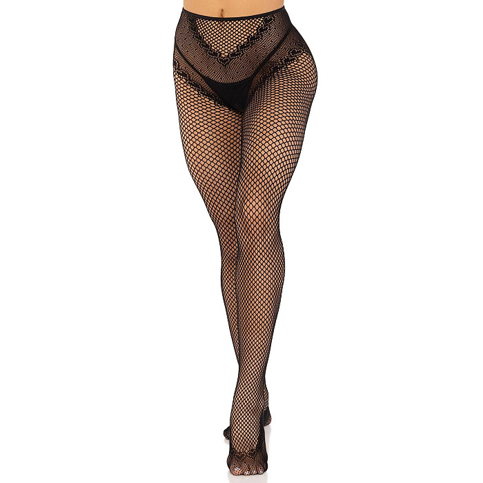 Стрип-колготки Leg Avenue Crotchless Net Tights with Heart Backseam, One Size, черные, с доступом