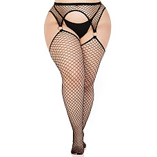 Чулки Leg Avenue Stokings with O-ring Attached Garter Belt, 1X/2X, черные, в сетку, имитация пояса