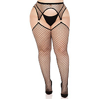 Чулки Leg Avenue Stokings with O-ring Attached Garter Belt, 1X/2X, черные, в сетку, имитация пояса
