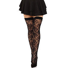 Чулки Leg Avenue Wild rose net thigh highs, One Size, черные, широкая резинка, рисунок-розы