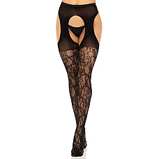Стрип-колготки Leg Avenue Eyelet lace suspender hose, One Size, черные, ажурные, с открытым доступом