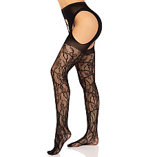 Стрип-колготки Leg Avenue Eyelet lace suspender hose, One Size, черные, ажурные, с открытым доступом
