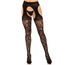 Стрип-колготки Leg Avenue Eyelet lace suspender hose, One Size, черные, ажурные, с открытым доступом