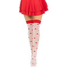 Чулки Leg Avenue Polka Dot Mushroom Thigh Highs, One Size, бело-красные, на резинке, рисунок — грибы