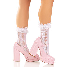 Носочки ажурные Leg Avenue Mini Bow Lace Anklet, белые, с рюшами, декор — бантики