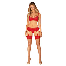 Чулки Obsessive Ingridia stockings XS/S, бежевые с красной резинкой